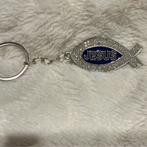 Silver Jesus Fish Keychain with Blue Enamel